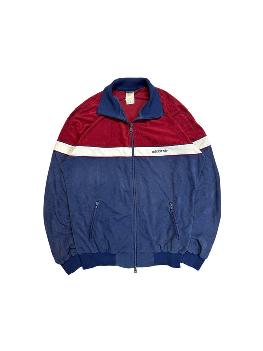 80s Adidas Sportjacke Velours Moncler-Lampo Double-Zip Made In West Germany Dunkelblau Rot D52 L
