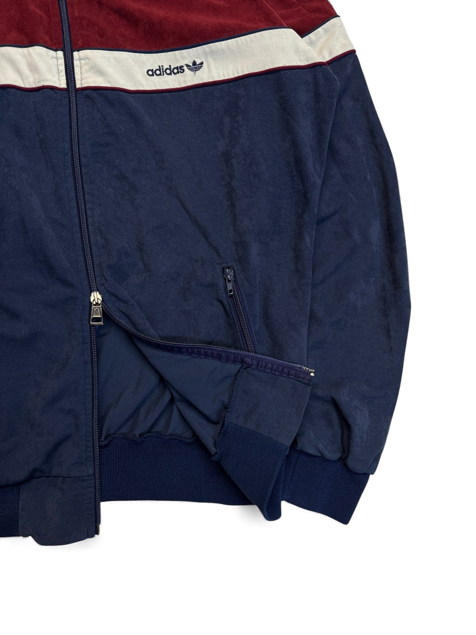 80s Adidas Sportjacke Velours Moncler-Lampo Double-Zip Made In West Germany Dunkelblau Rot D52 L