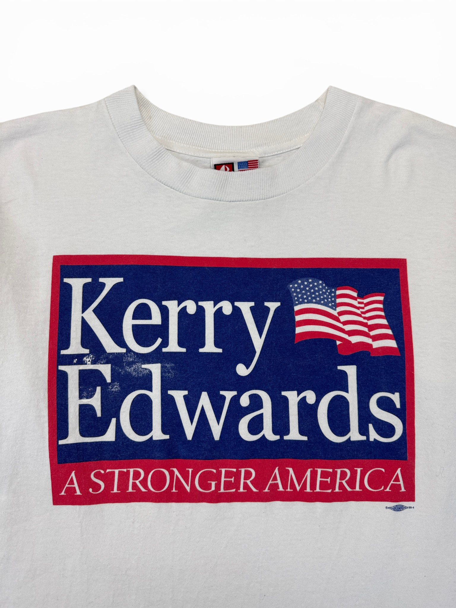 2004 Campaign Shirt Kerry Edwards “A Stronger America” Made In USA Paint Splatter Weiß