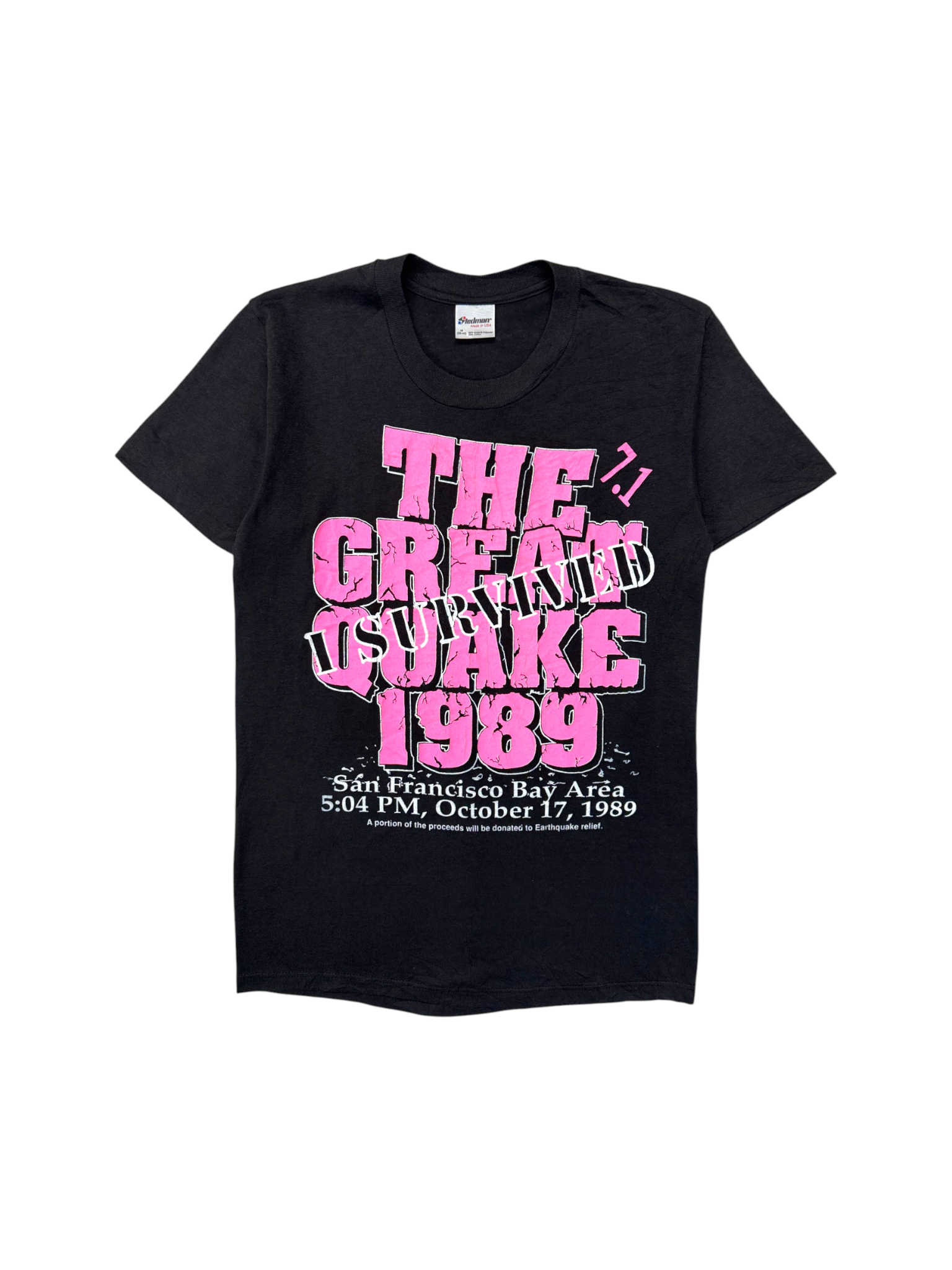 1989 Stedman Shirt "I survived the great Quake" Made In USA Schwarz