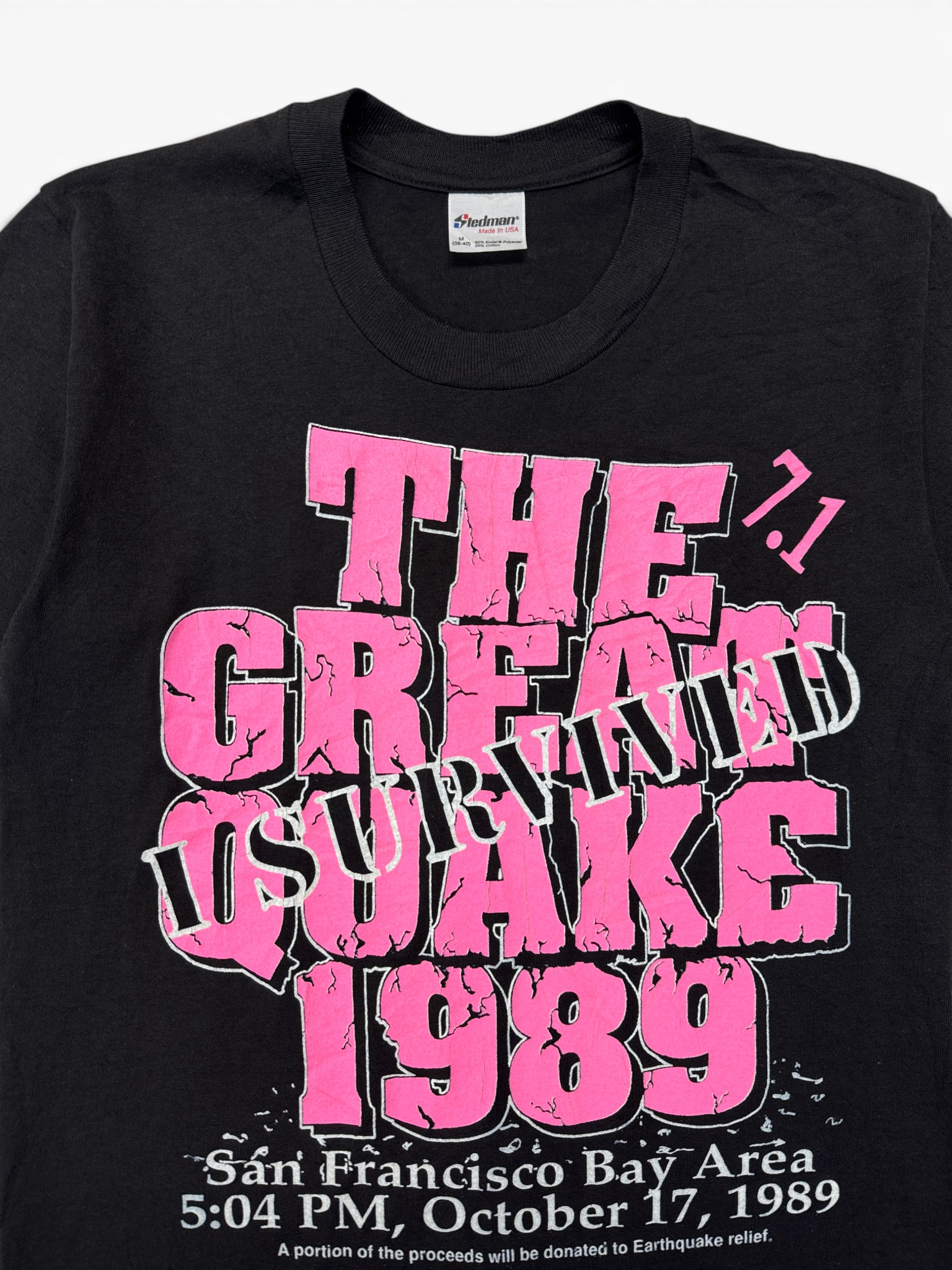 1989 Stedman Shirt "I survived the great Quake" Made In USA Schwarz