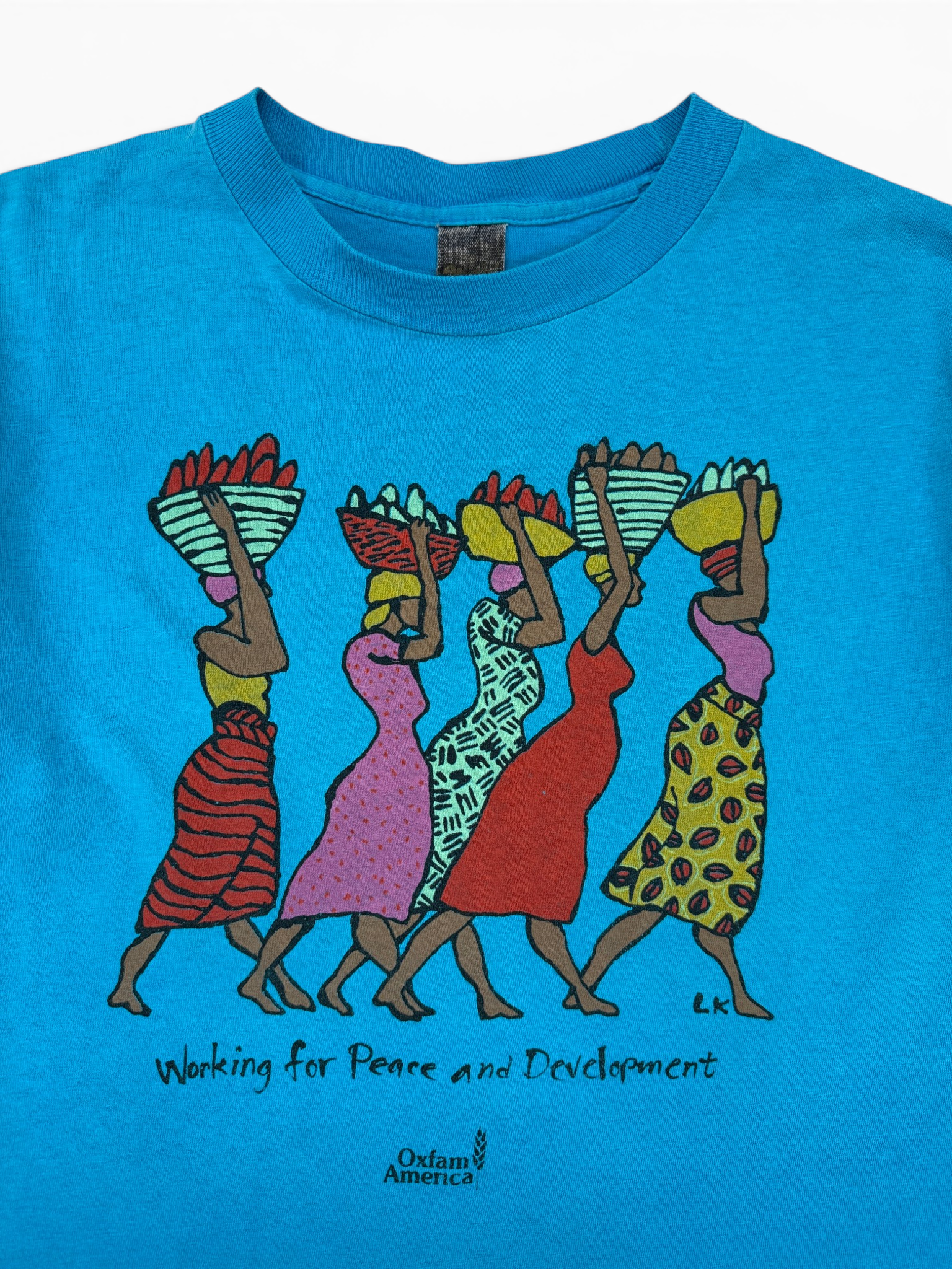 80s Anvil Shirt Oxfam "Working for Peace and Development" Single Stitch Blau