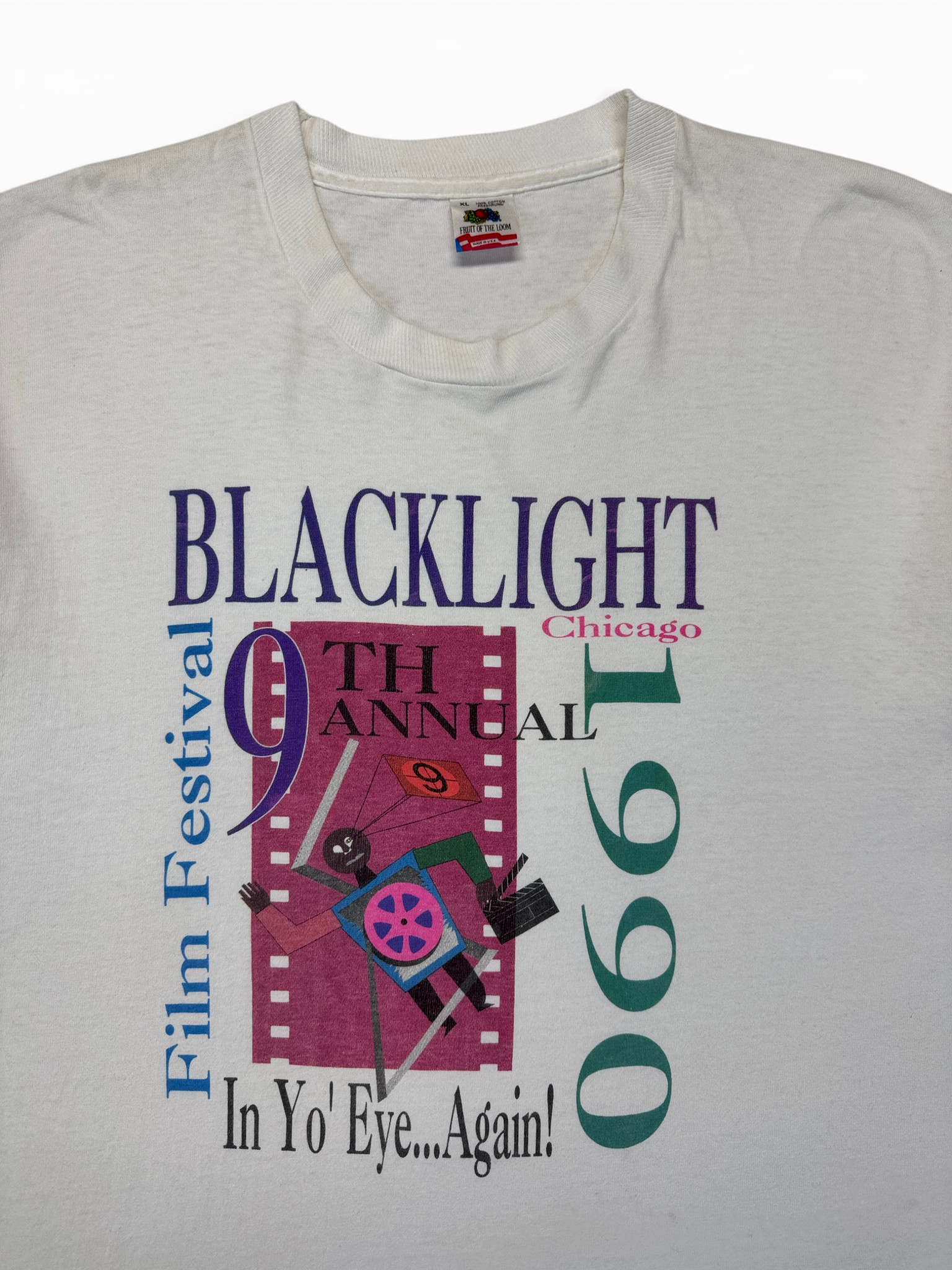 1996 Fruit Of The Loom Shirt Blacklight Film Festival Chicago Made In USA Single Stitch Weiß