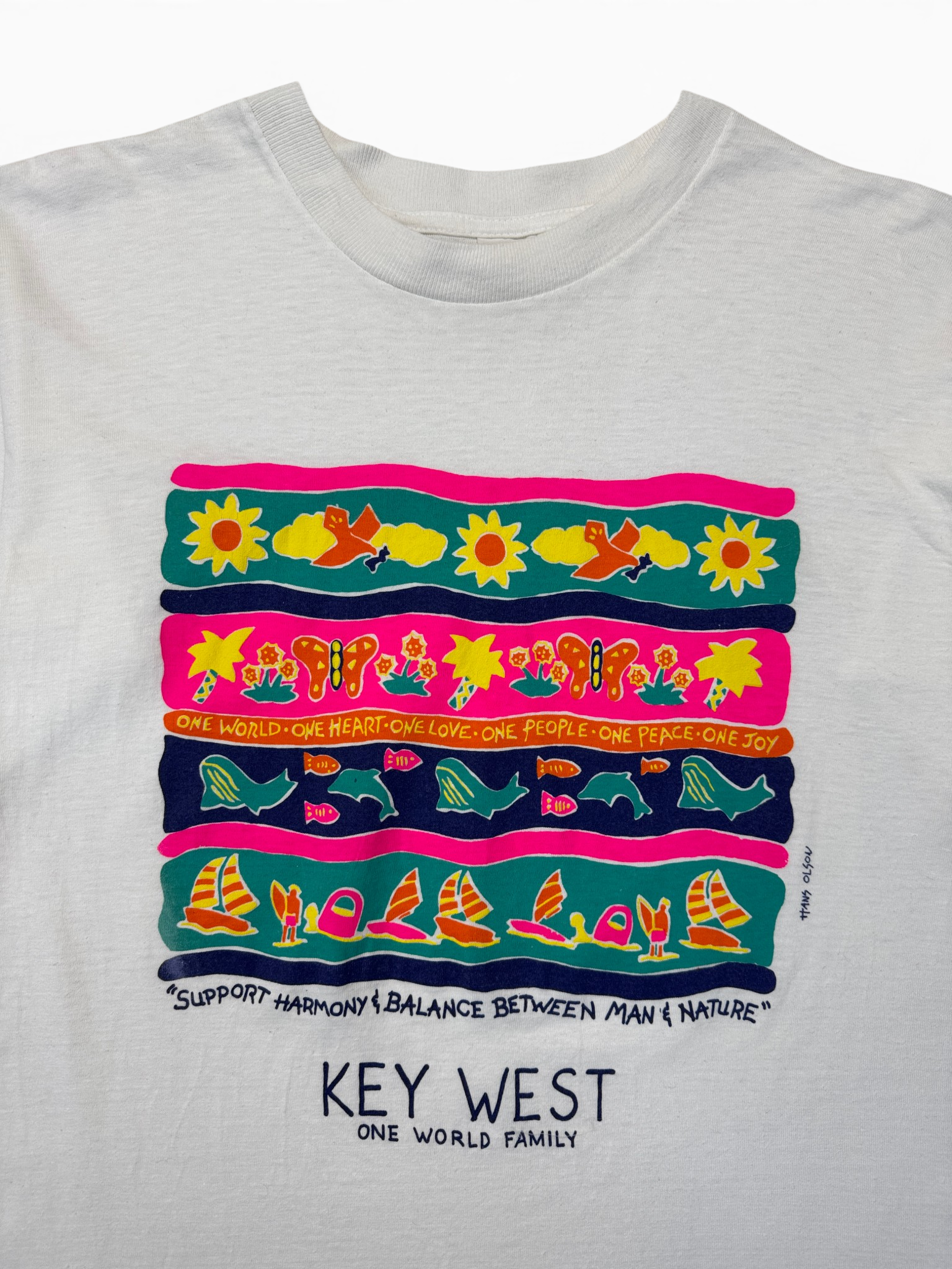 90s Tourist Shirt "Key West One World Family Harmony And Balance" Single Stitch Weiß