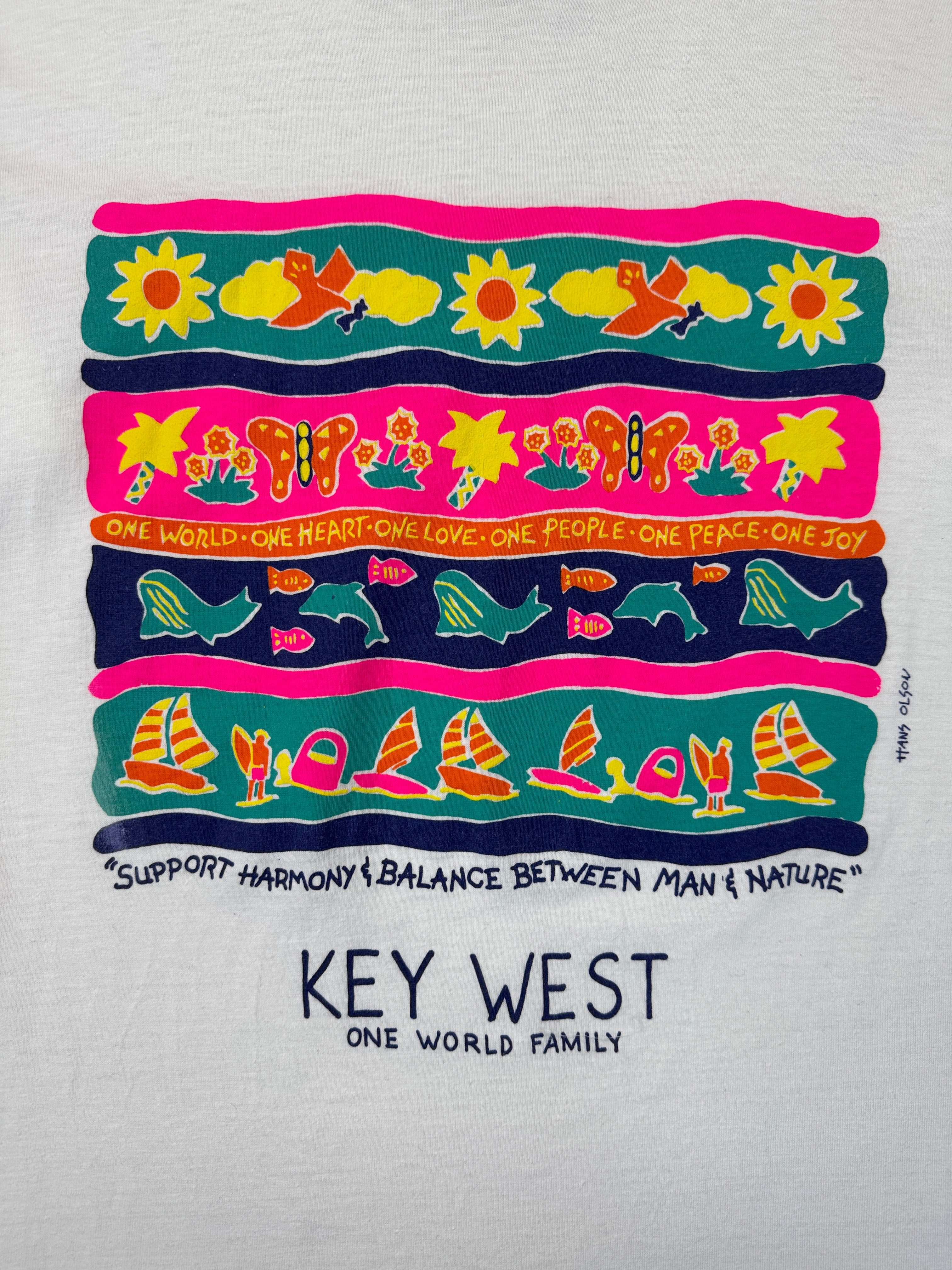 90s Tourist Shirt "Key West One World Family Harmony And Balance" Single Stitch Weiß