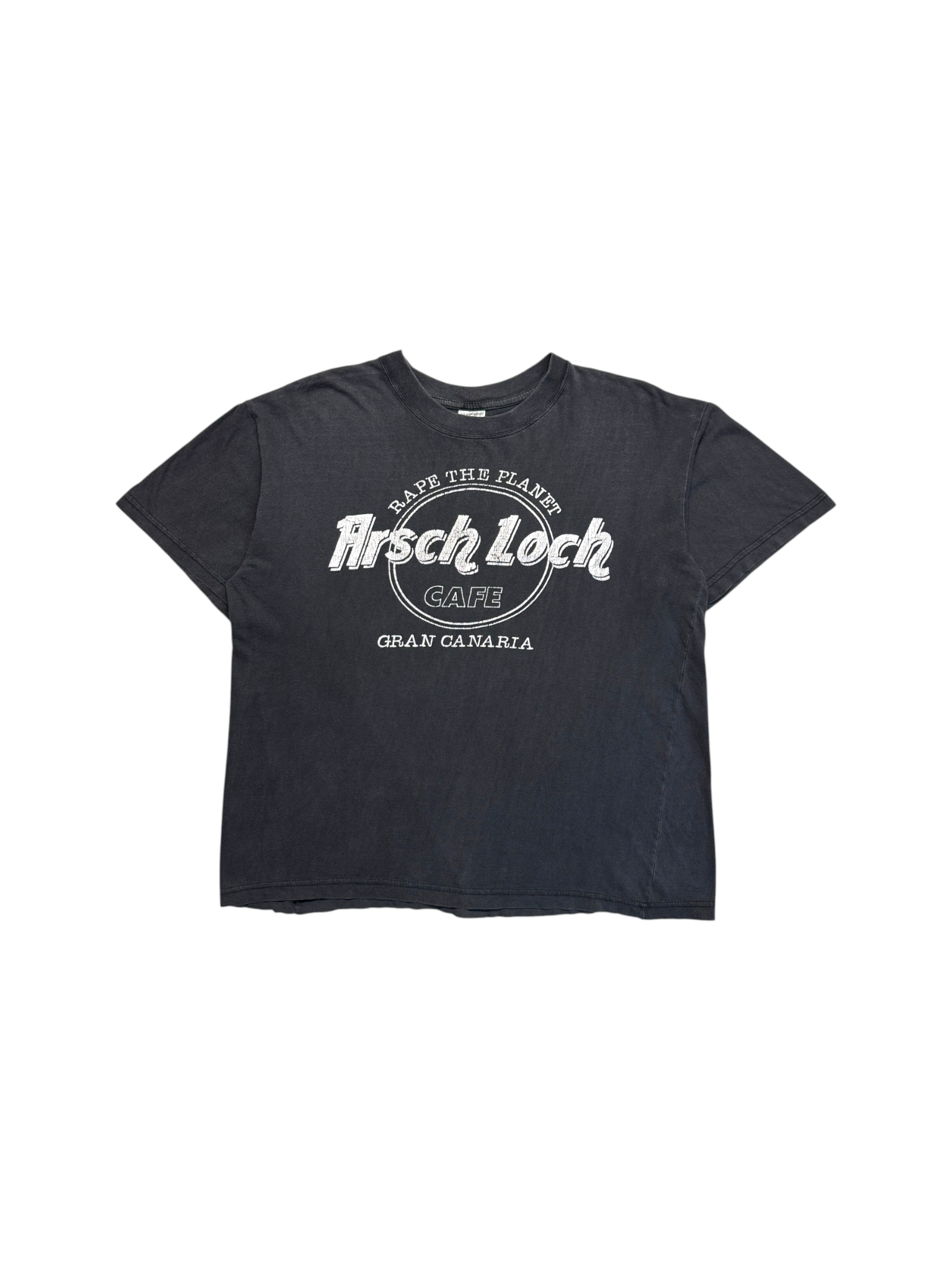 90s Hard Rock Cafe Parody Shirt "Arsch Loch Cafe Rape The Planet" Faded Schwarz