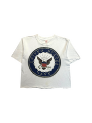 80s Healthknit Army Shirt US Navy Single Stitch Made In USA Cropped Weiß