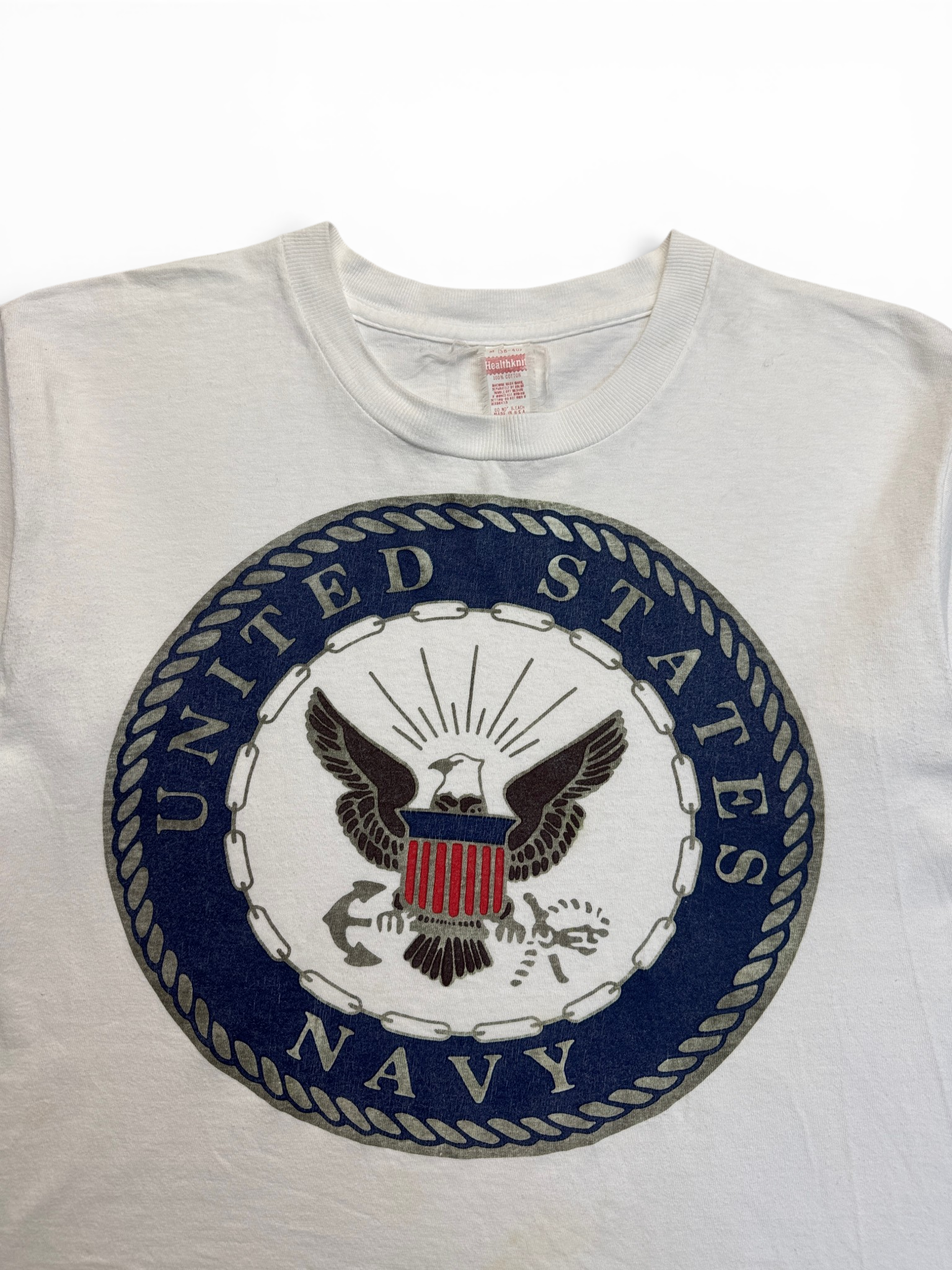 80s Healthknit Army Shirt US Navy Single Stitch Made In USA Cropped Weiß