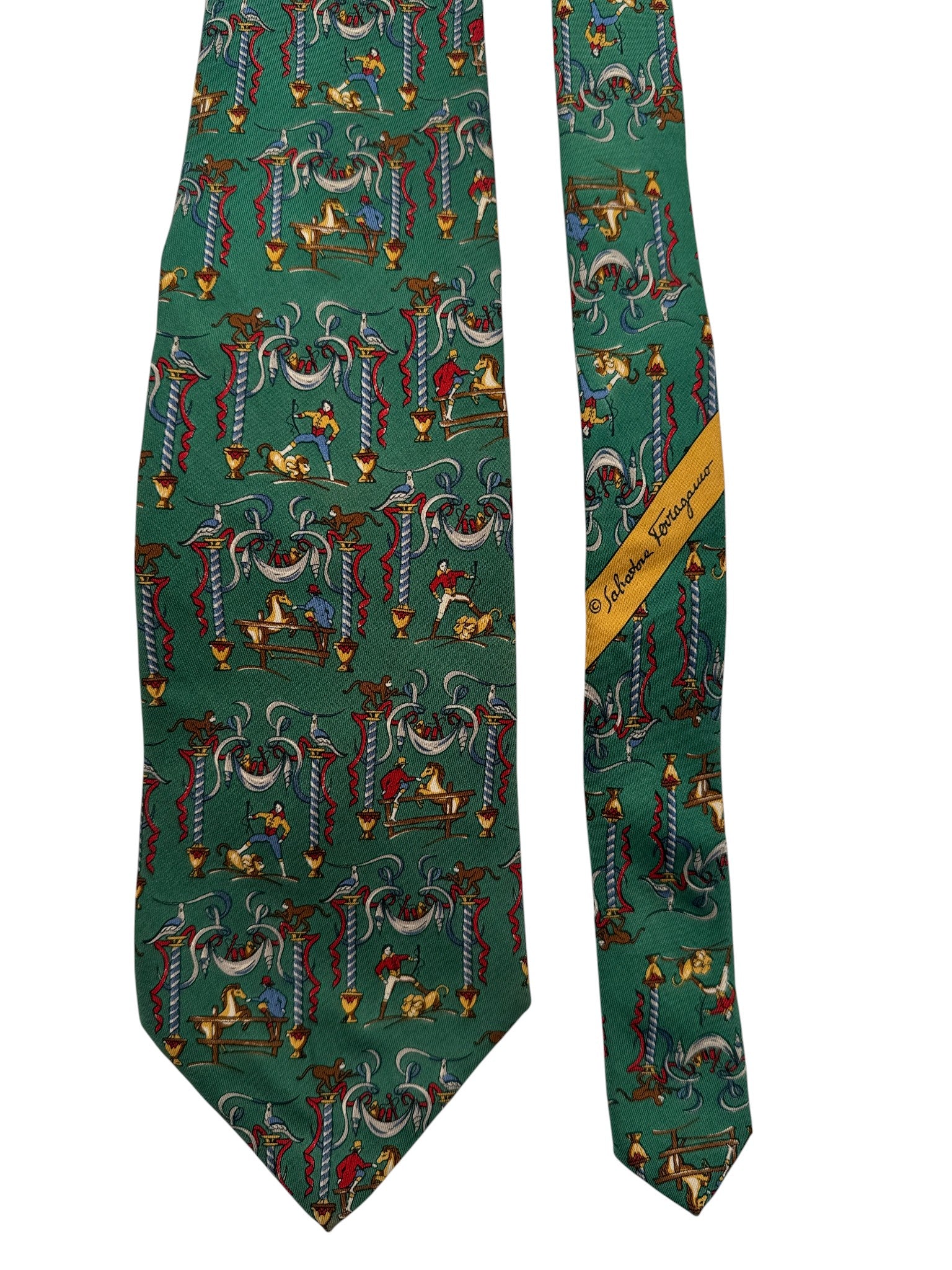 90s Salvatore Ferragamo Krawatte Acrobats Baroque Frame Print Seide Made In Italy Grün