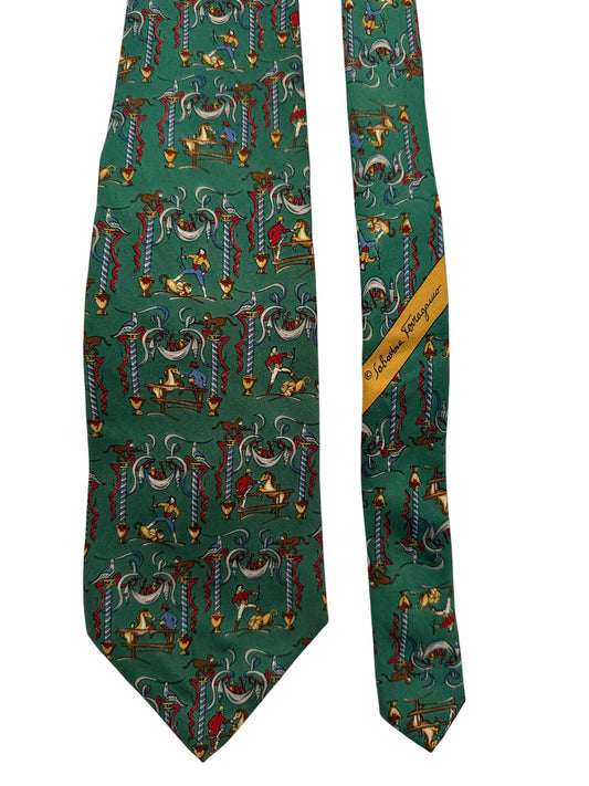 90s Salvatore Ferragamo Krawatte Acrobats Baroque Frame Print Seide Made In Italy Grün