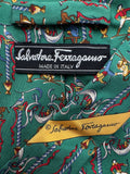 90s Salvatore Ferragamo Krawatte Acrobats Baroque Frame Print Seide Made In Italy Grün