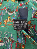 90s Salvatore Ferragamo Krawatte Acrobats Baroque Frame Print Seide Made In Italy Grün
