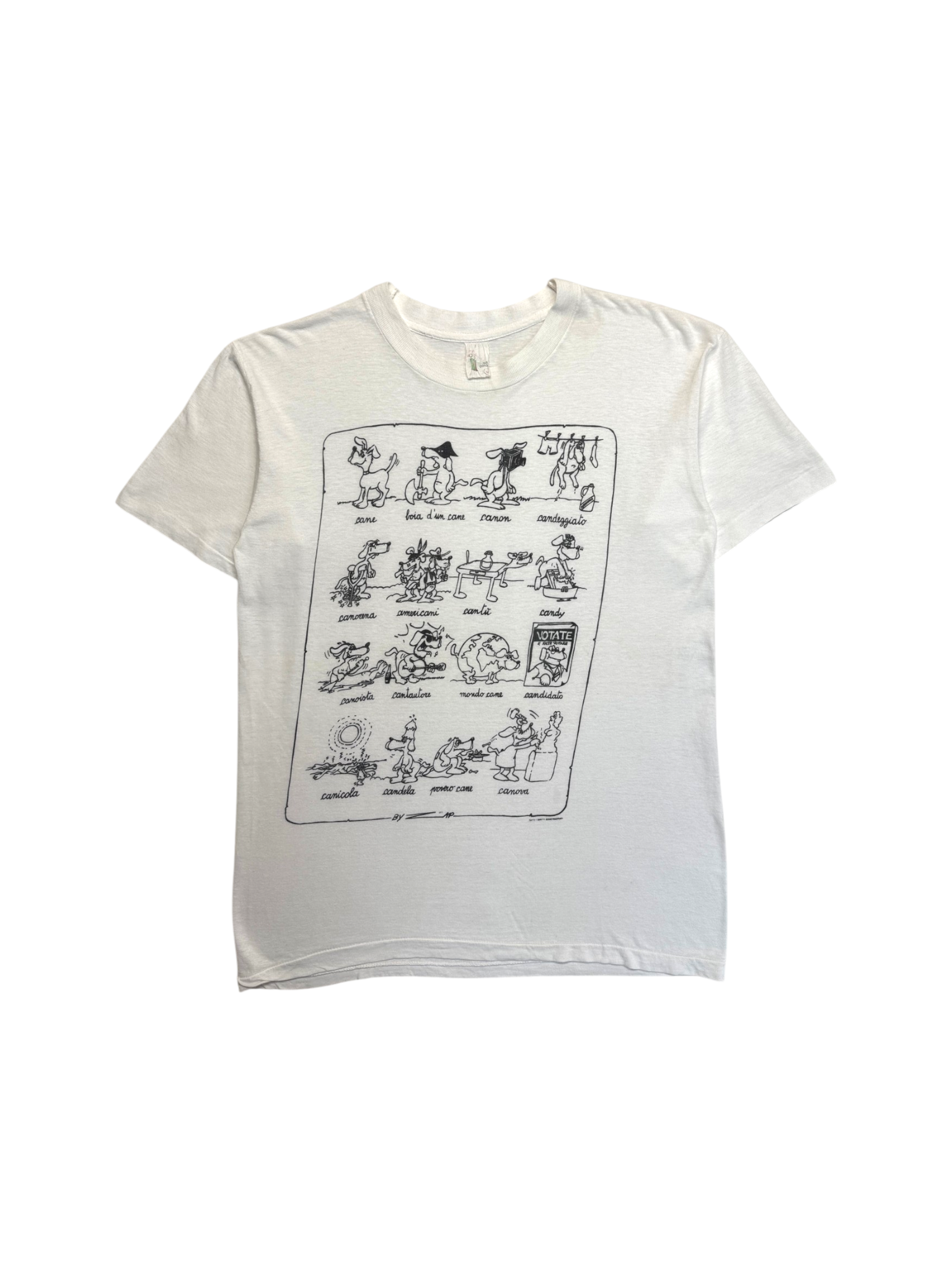 90s Comic Print Shirt Italian Cane Wordplay Single Stitch Weiß