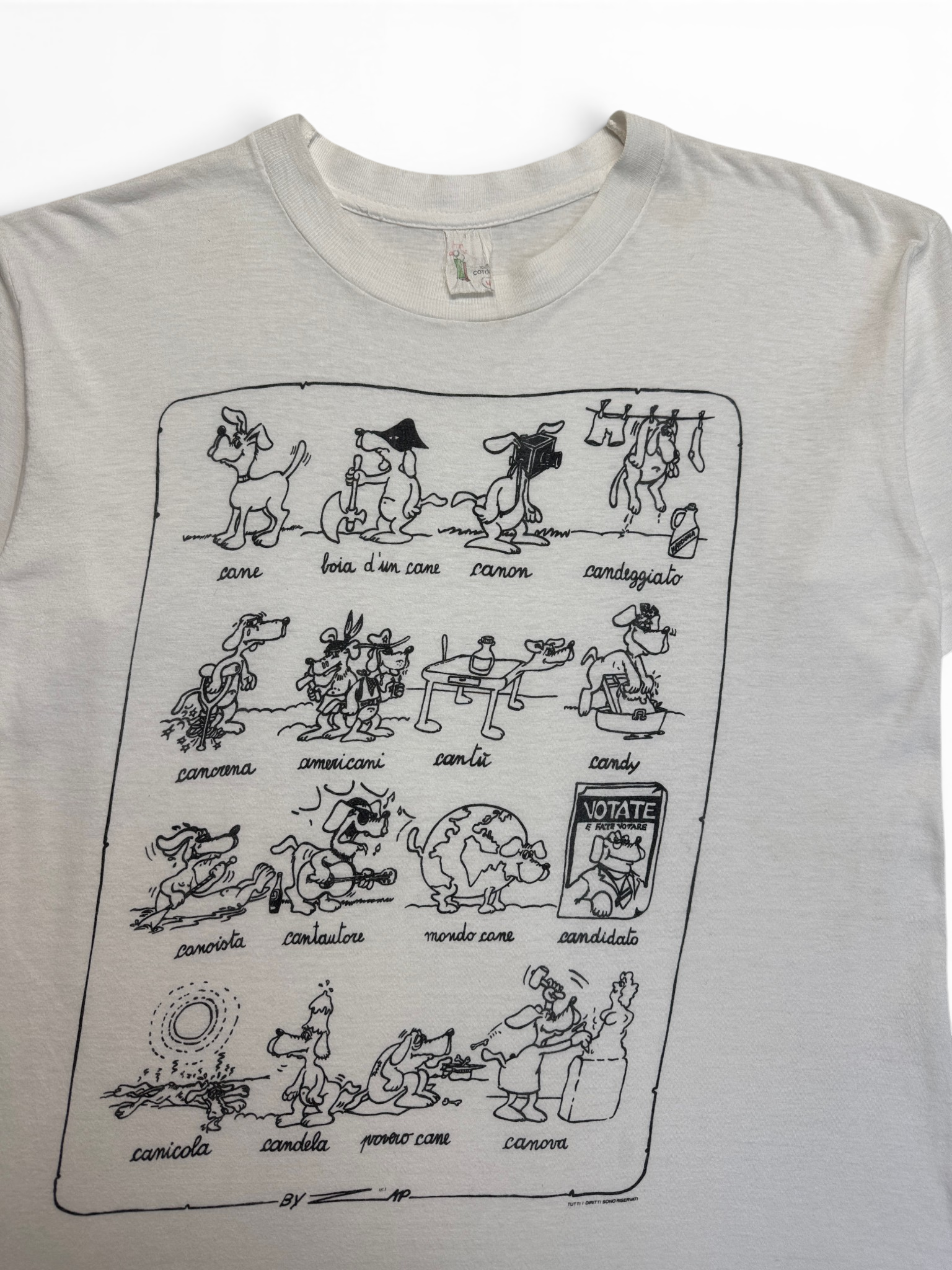 90s Comic Print Shirt Italian Cane Wordplay Single Stitch Weiß