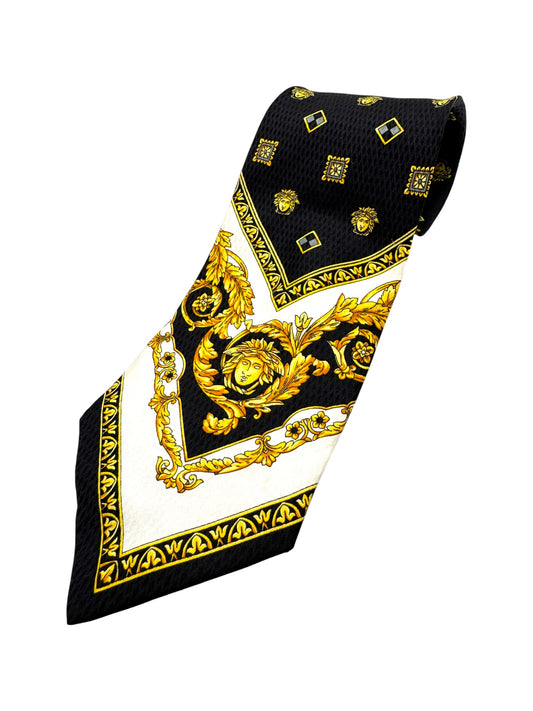 90s Gianni Versace Krawatte Medusa Pattern Seide Schwarz Gold