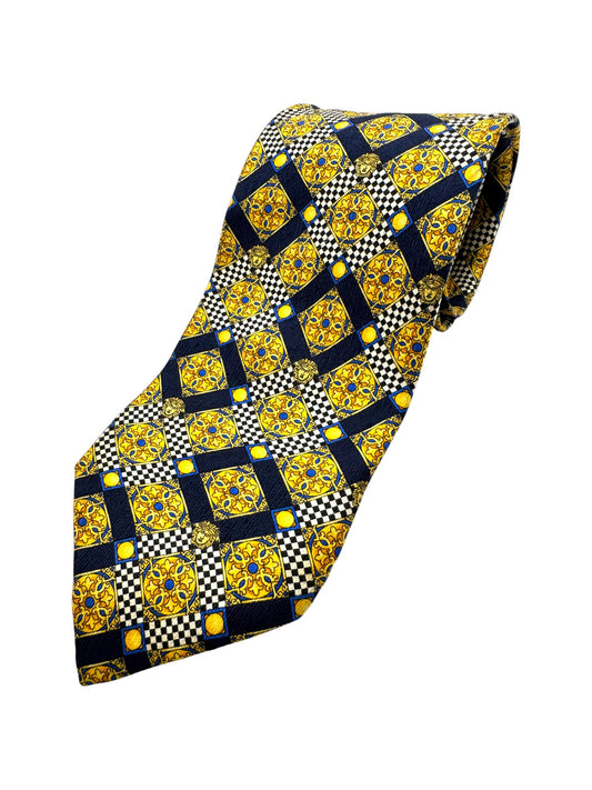90s Versus Versace Krawatte Medusa Seide Gold Dunkelblau