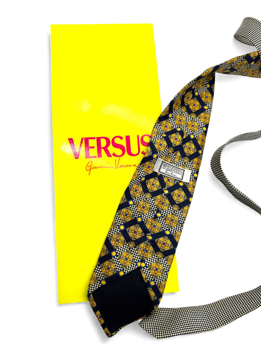 90s Versus Versace Krawatte Medusa Seide Gold Dunkelblau