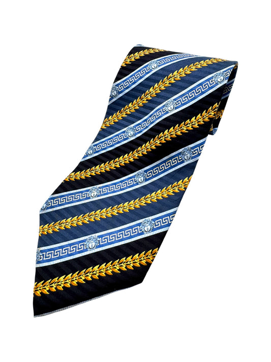 90s Gianni Versace Krawatte Baroque Greek Key Meander Seide Gold Blau