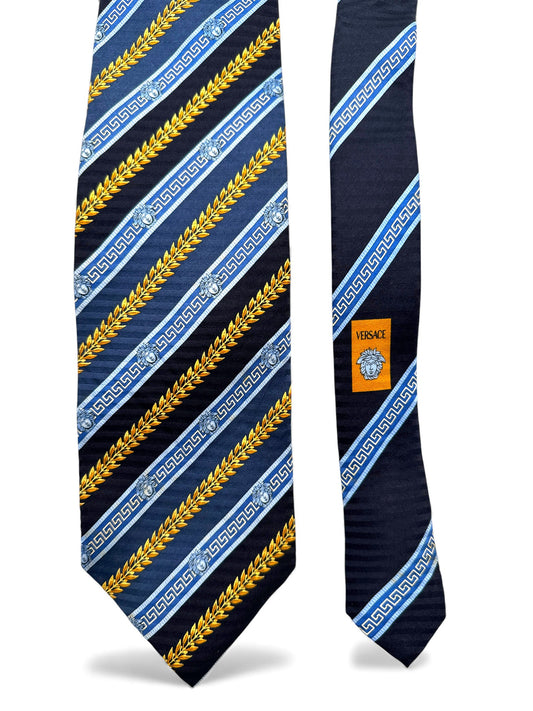 90s Gianni Versace Krawatte Baroque Greek Key Meander Seide Gold Blau