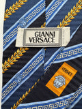 90s Gianni Versace Krawatte Baroque Greek Key Meander Seide Gold Blau