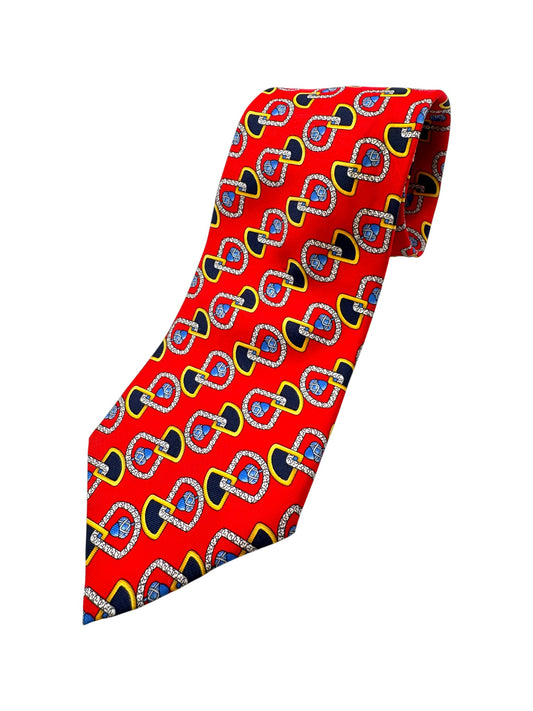 90s MCM Krawatte Interlocking Geometric Pattern Seide Made In Italy Rot