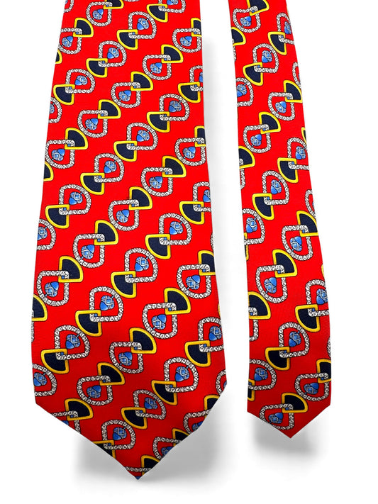 90s MCM Krawatte Interlocking Geometric Pattern Seide Made In Italy Rot