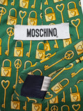 90s Moschino Krawatte Hearts Locks and Peace Keys Print Seide Made In Italy Grün Gold