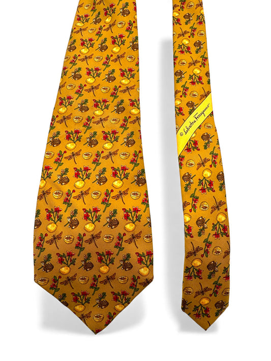 90s Salvatore Ferragamo Krawatte Dragonfly Bunny Floral Print Seide Made In Italy Gelb/Gold