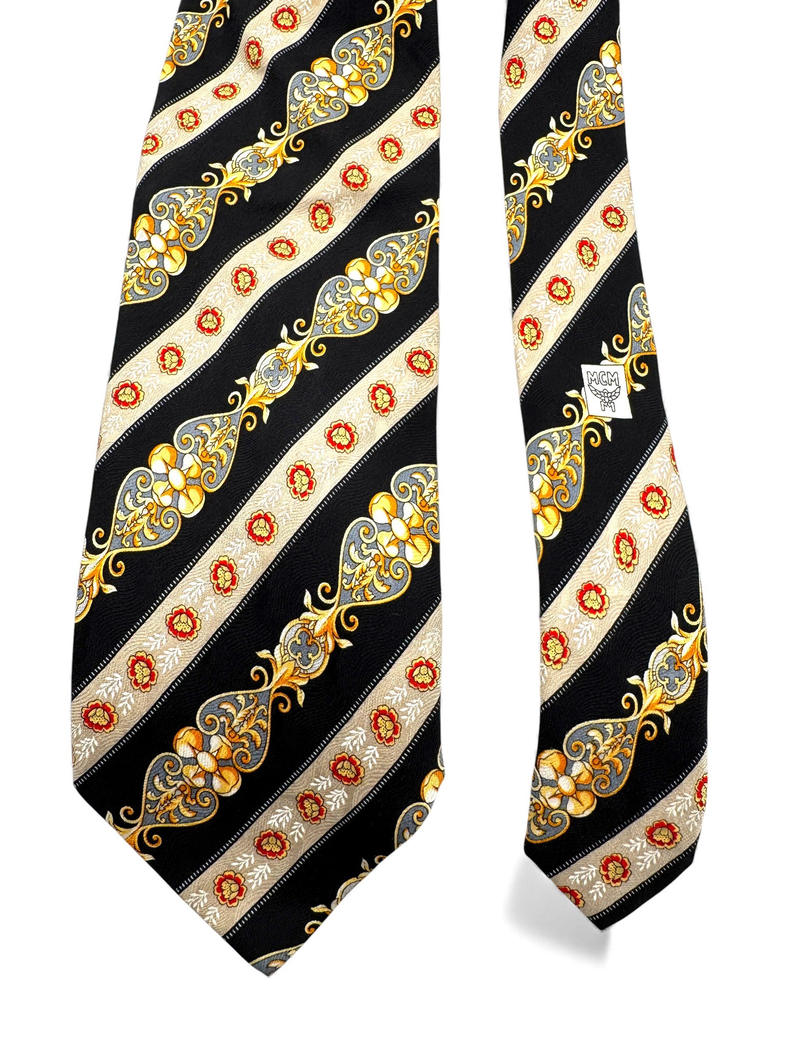 90s MCM Krawatte Novelty Print Seide Made In Italy Dunkelblau Gold