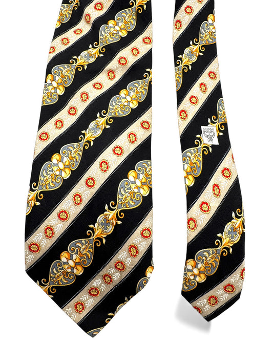 90s MCM Krawatte Novelty Print Seide Made In Italy Dunkelblau Gold