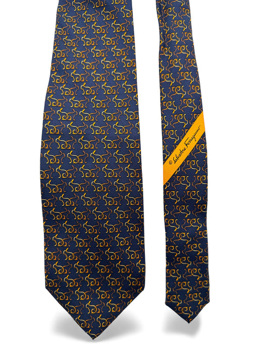 90s Salvatore Ferragamo Krawatte Rabbit Silhouette Print Seide Made In Italy Dunkelblau Gold