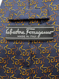 90s Salvatore Ferragamo Krawatte Rabbit Silhouette Print Seide Made In Italy Dunkelblau Gold