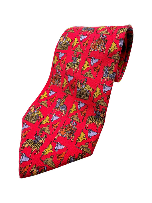90s Salvatore Ferragamo Krawatte Novelty-Scene Print Made In Italy Seide Rot