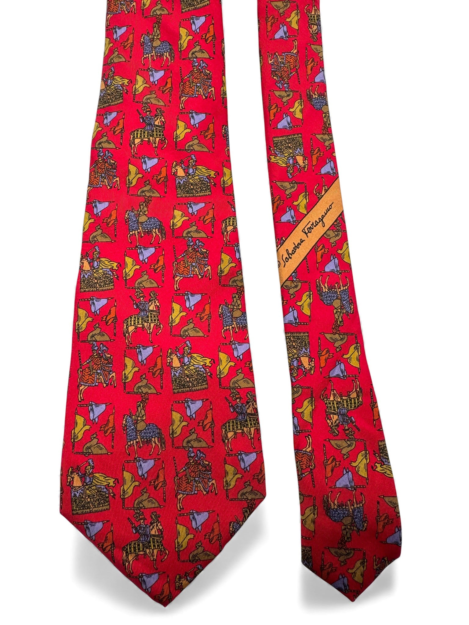 90s Salvatore Ferragamo Krawatte Novelty-Scene Print Made In Italy Seide Rot