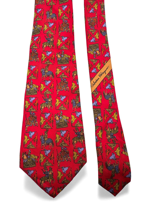 90s Salvatore Ferragamo Krawatte Novelty-Scene Print Made In Italy Seide Rot