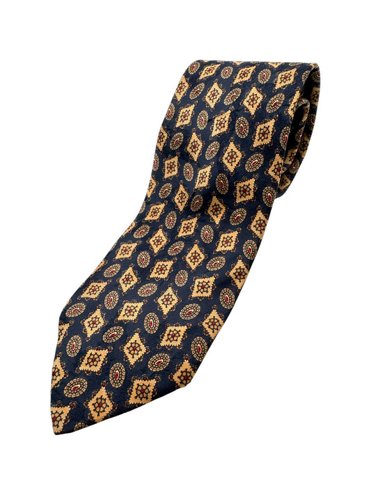 90s Burberry Krawatte Japan Repeating Medallion Pattern Seide Dunkelblau