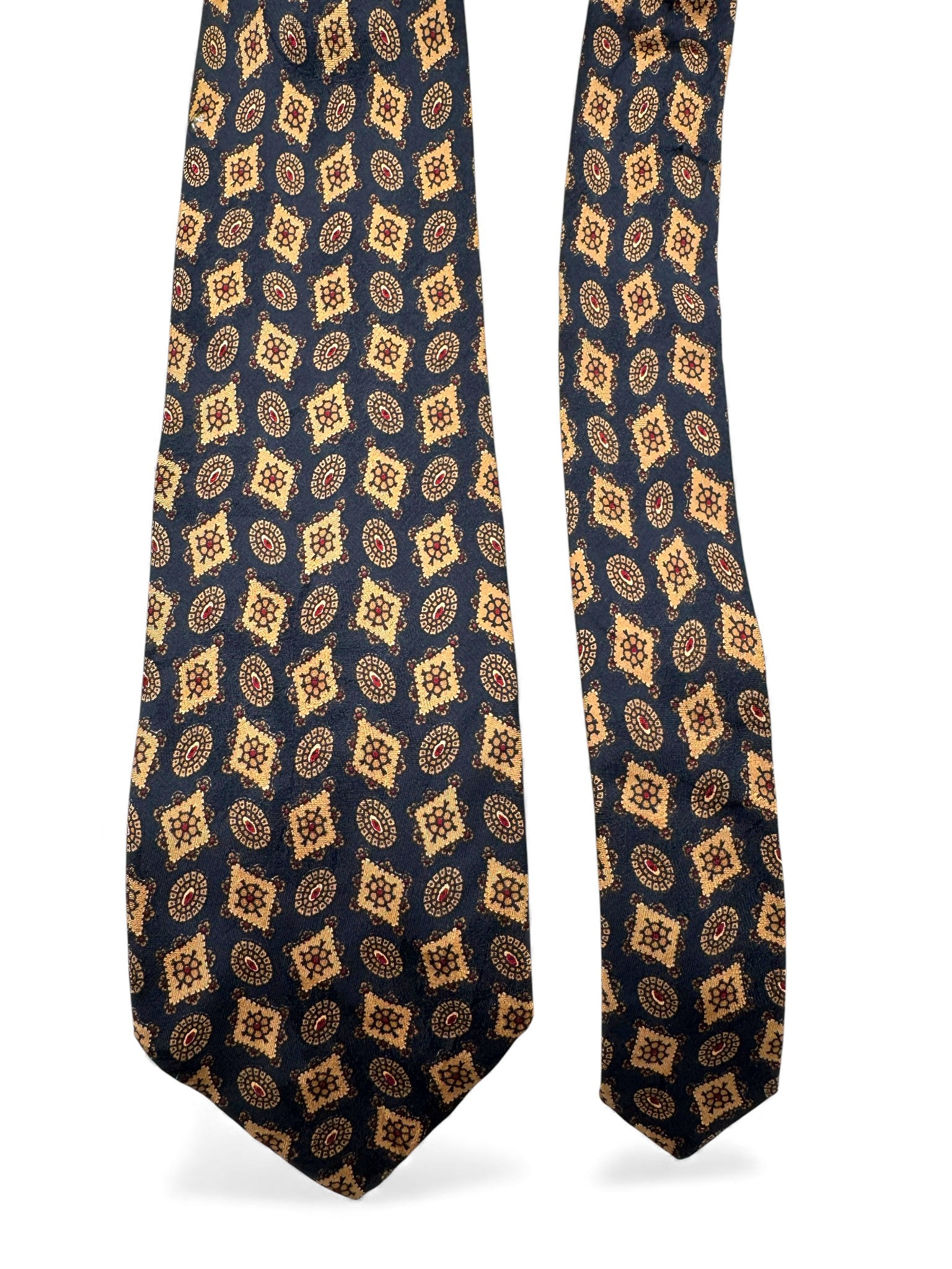 90s Burberry Krawatte Japan Repeating Medallion Pattern Seide Dunkelblau