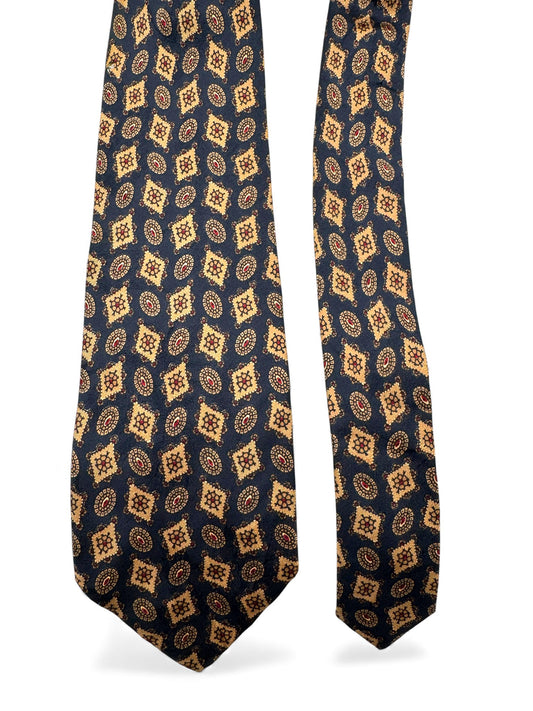 90s Burberry Krawatte Japan Repeating Medallion Pattern Seide Dunkelblau