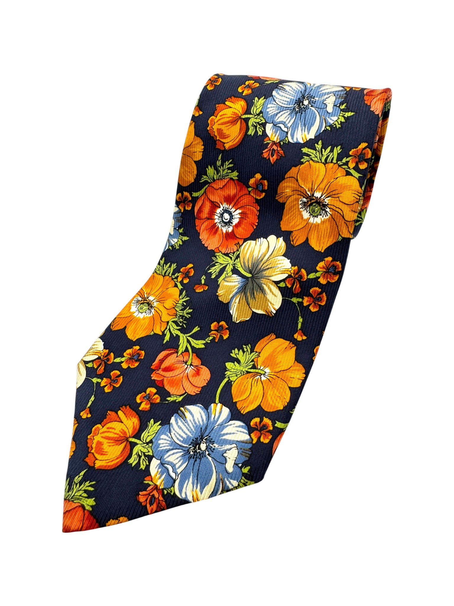 90s Kenzo Krawatte Floral Print Seide Made In Italy Dunkelblau Bunt