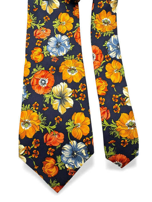 90s Kenzo Krawatte Floral Print Seide Made In Italy Dunkelblau Bunt
