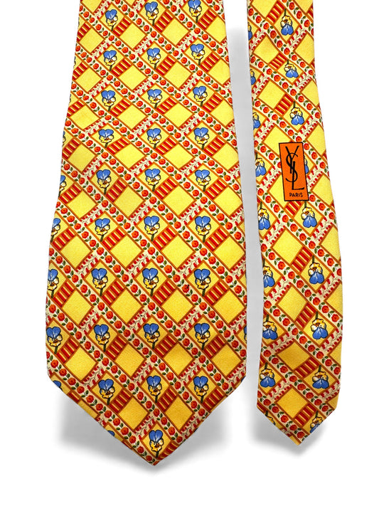 90s Yves Saint Laurent Krawatte Floral Print Made In Italy Seide Gelb Rot