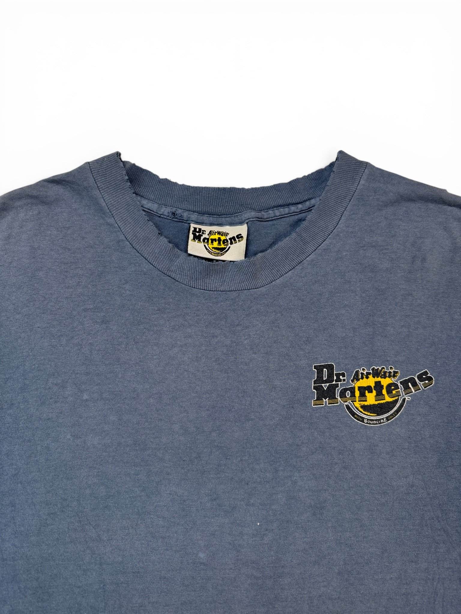 90s Trashed Dr. Martens Shirt "Made like no other shoe on earth" Faded Blau