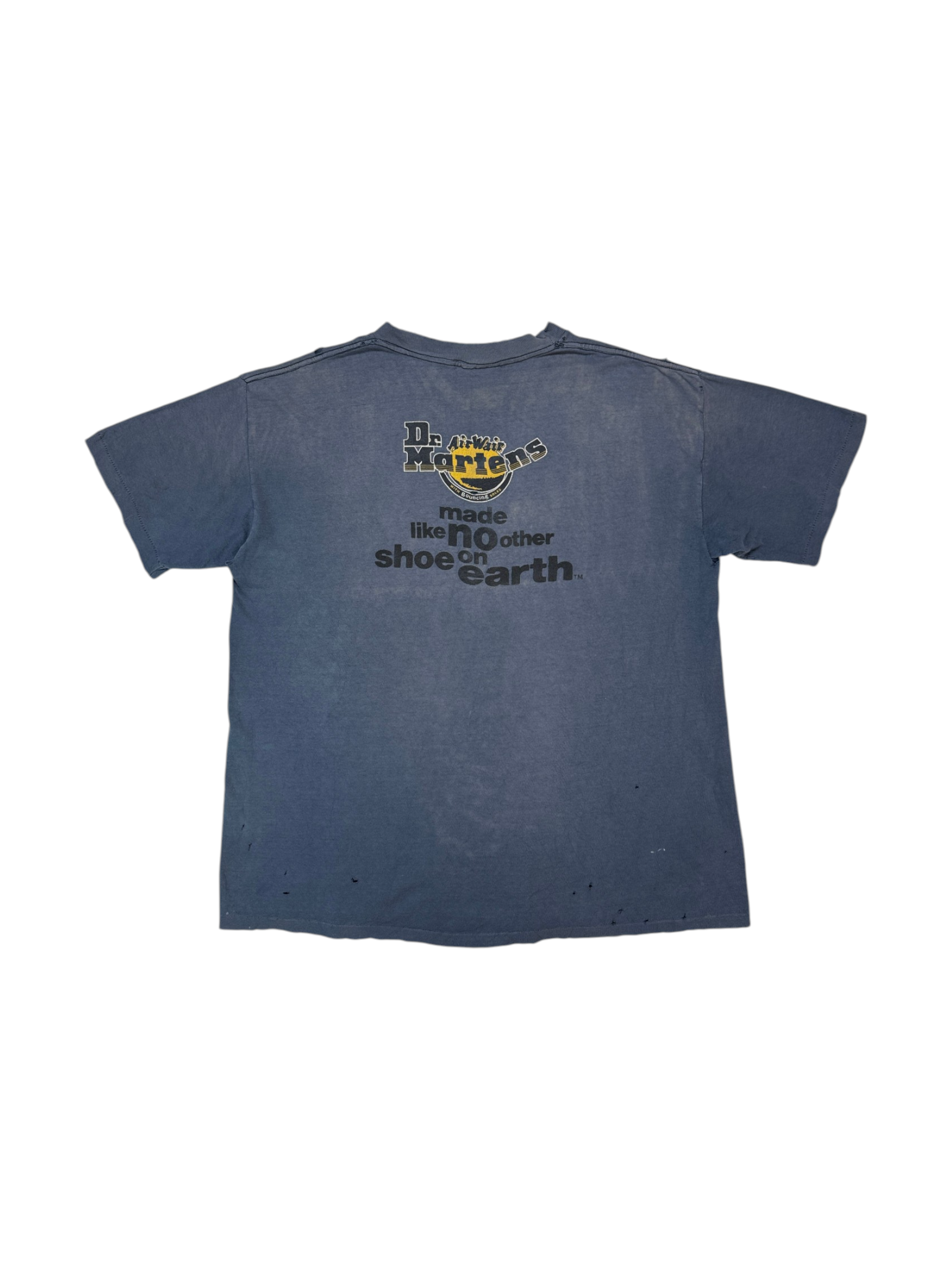 90s Trashed Dr. Martens Shirt "Made like no other shoe on earth" Faded Blau