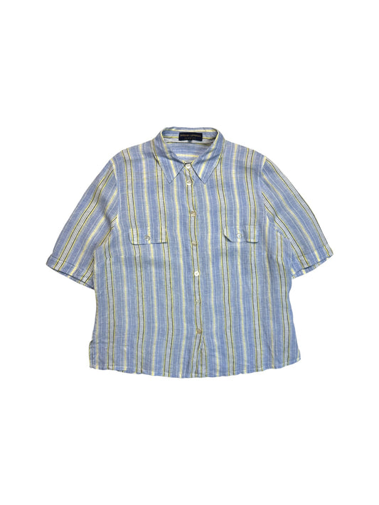 Barbara Lohmann Kurzarm Leinenhemd Gestreift Blau Gelb 46 XL