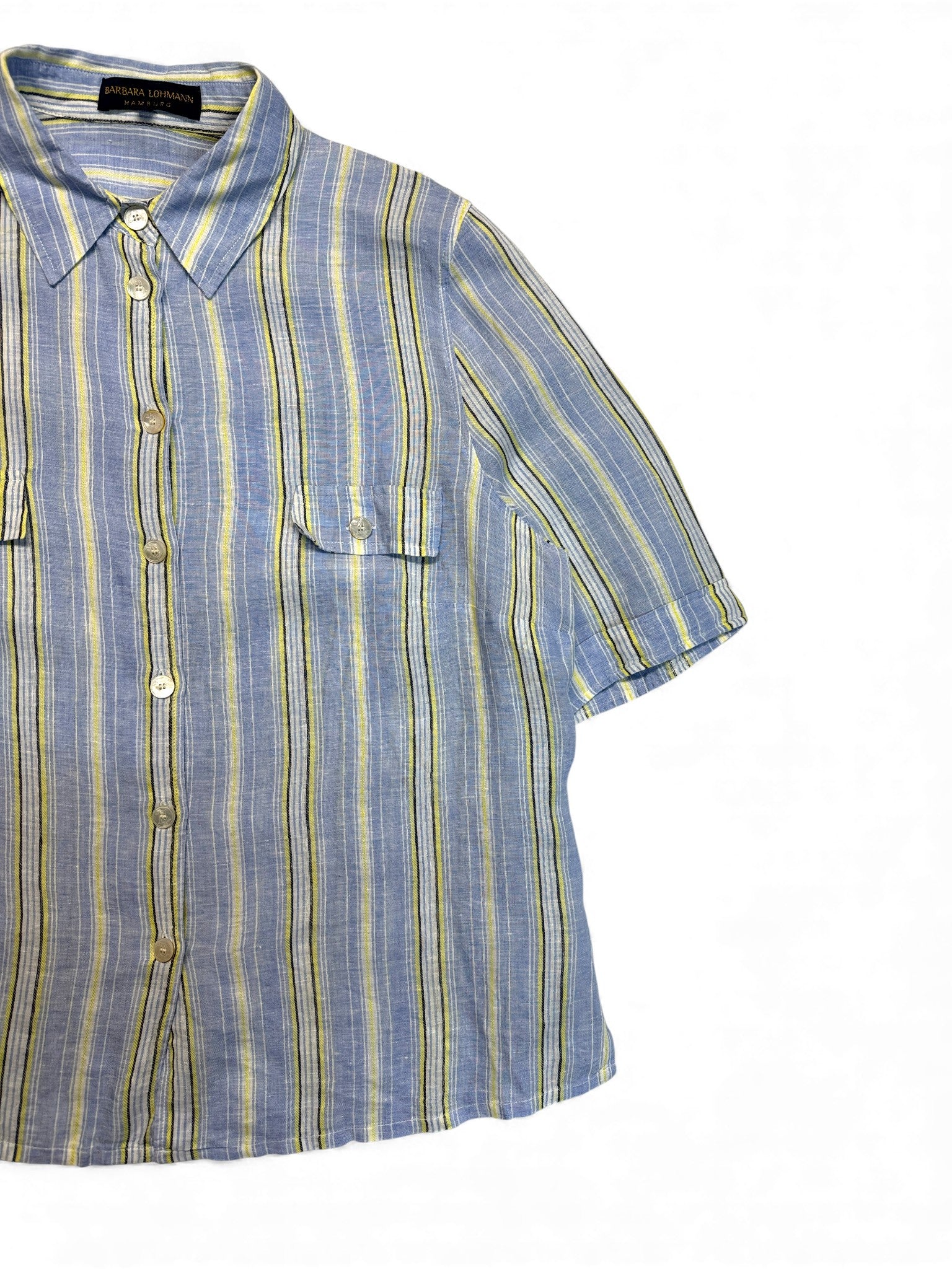 Barbara Lohmann Kurzarm Leinenhemd Gestreift Blau Gelb 46 XL