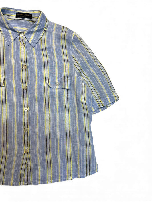 Barbara Lohmann Kurzarm Leinenhemd Gestreift Blau Gelb 46 XL