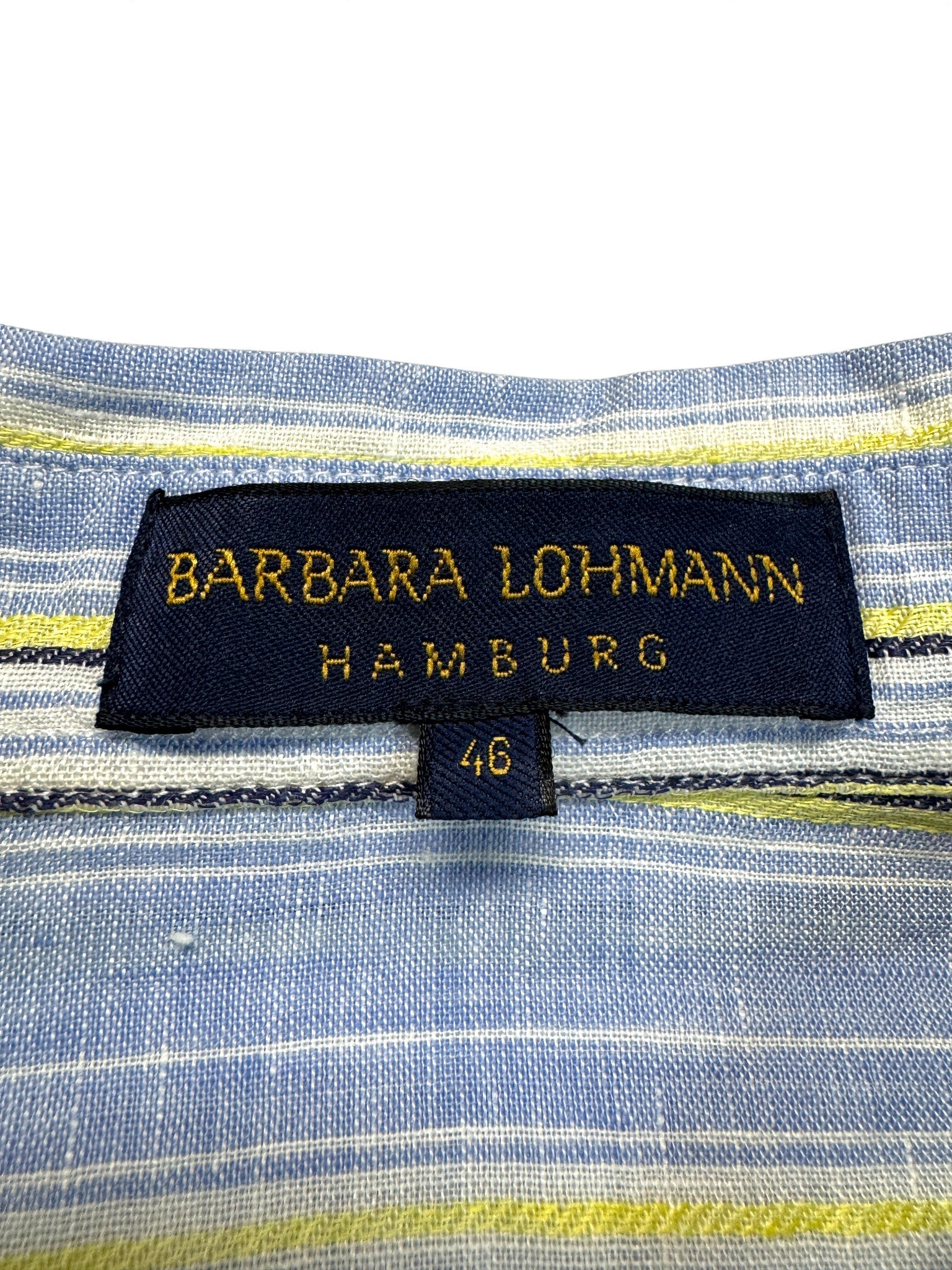 Barbara Lohmann Kurzarm Leinenhemd Gestreift Blau Gelb 46 XL