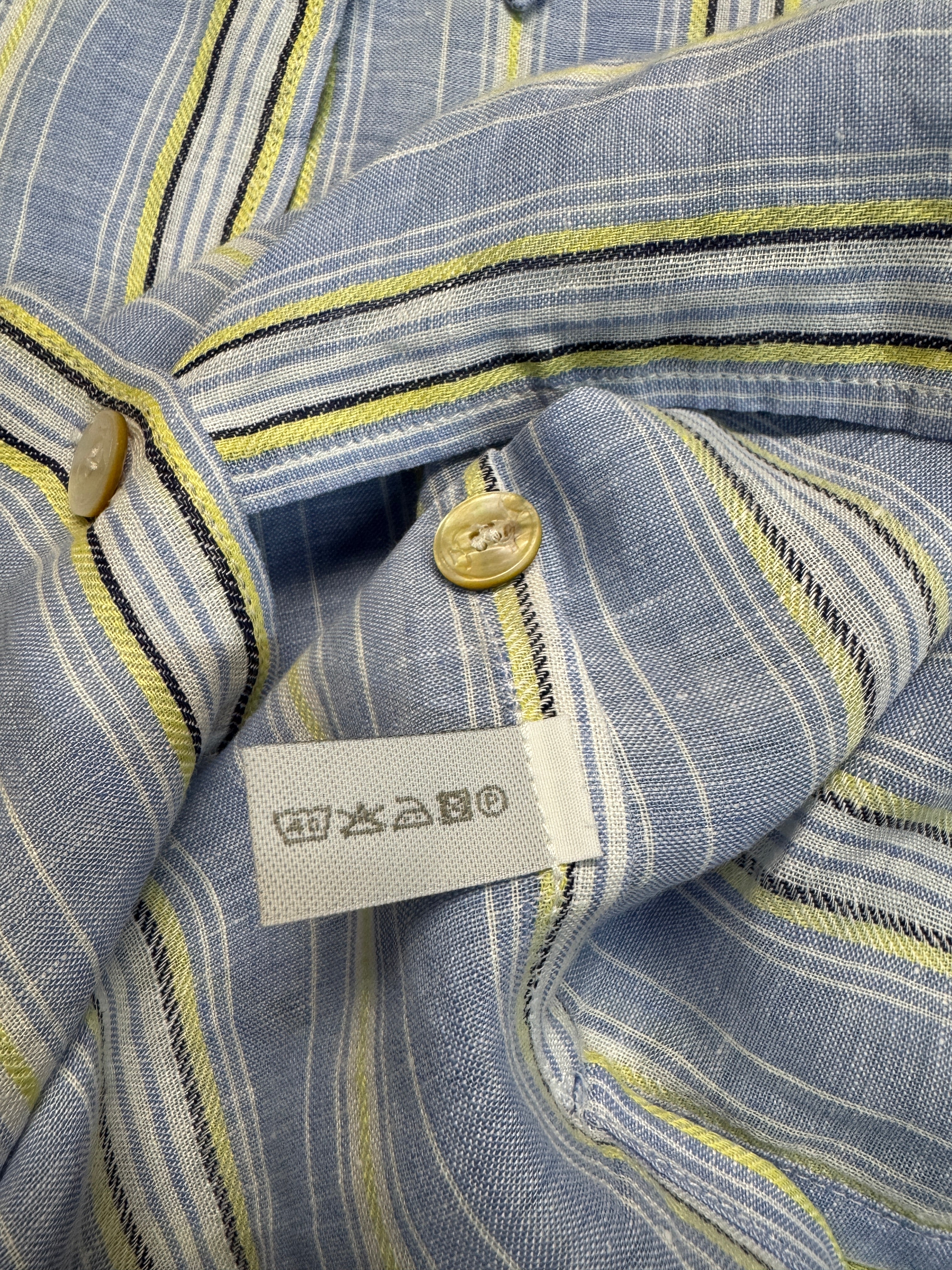 Barbara Lohmann Kurzarm Leinenhemd Gestreift Blau Gelb 46 XL