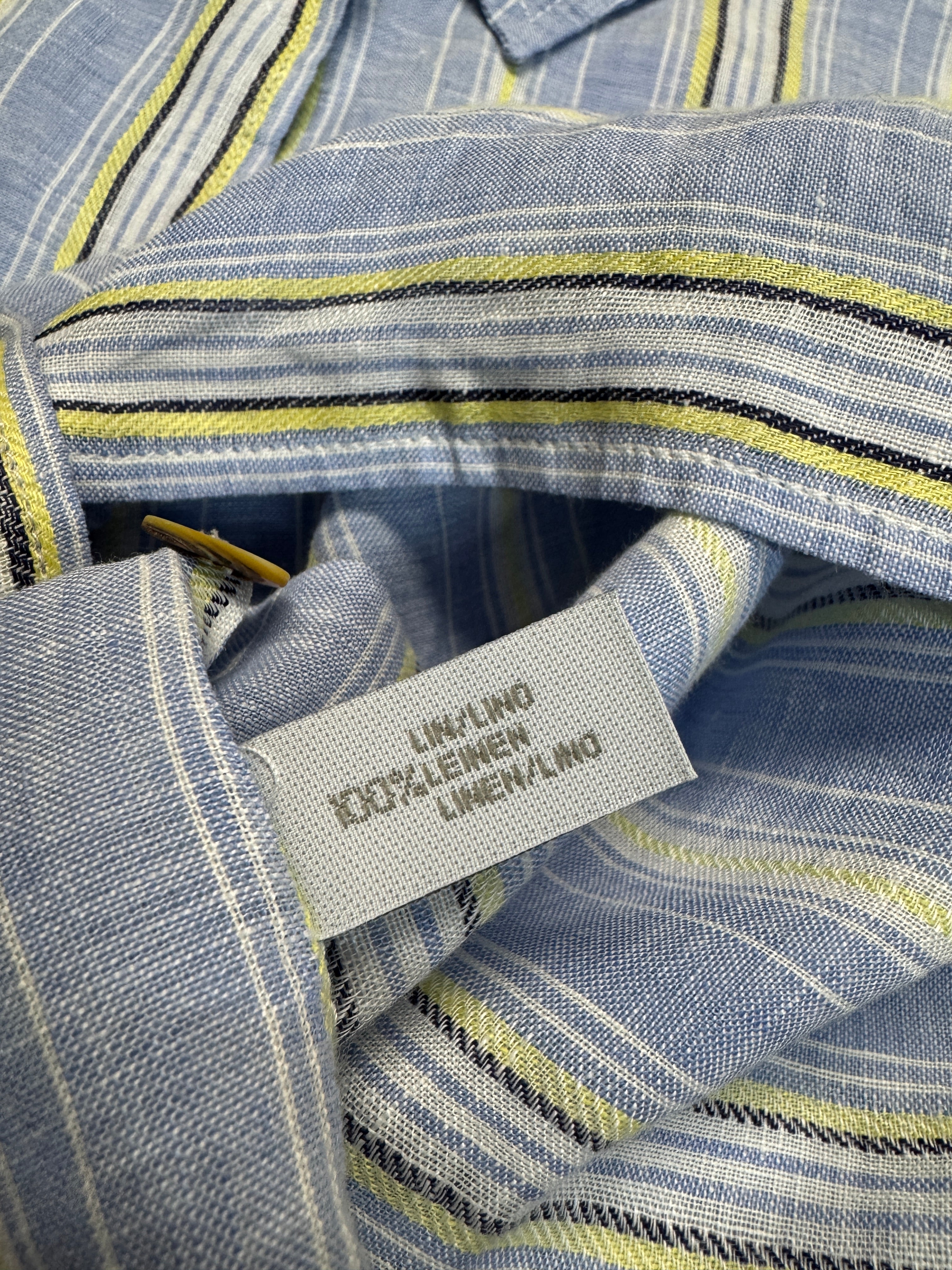 Barbara Lohmann Kurzarm Leinenhemd Gestreift Blau Gelb 46 XL