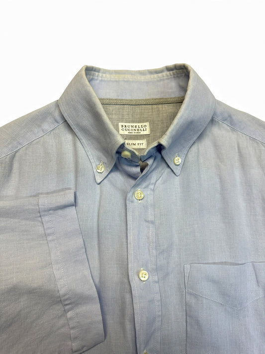 Brunello Cucinelli Kurzarm Leinenhemd Slim Fit Made In Italy Hellblau XS